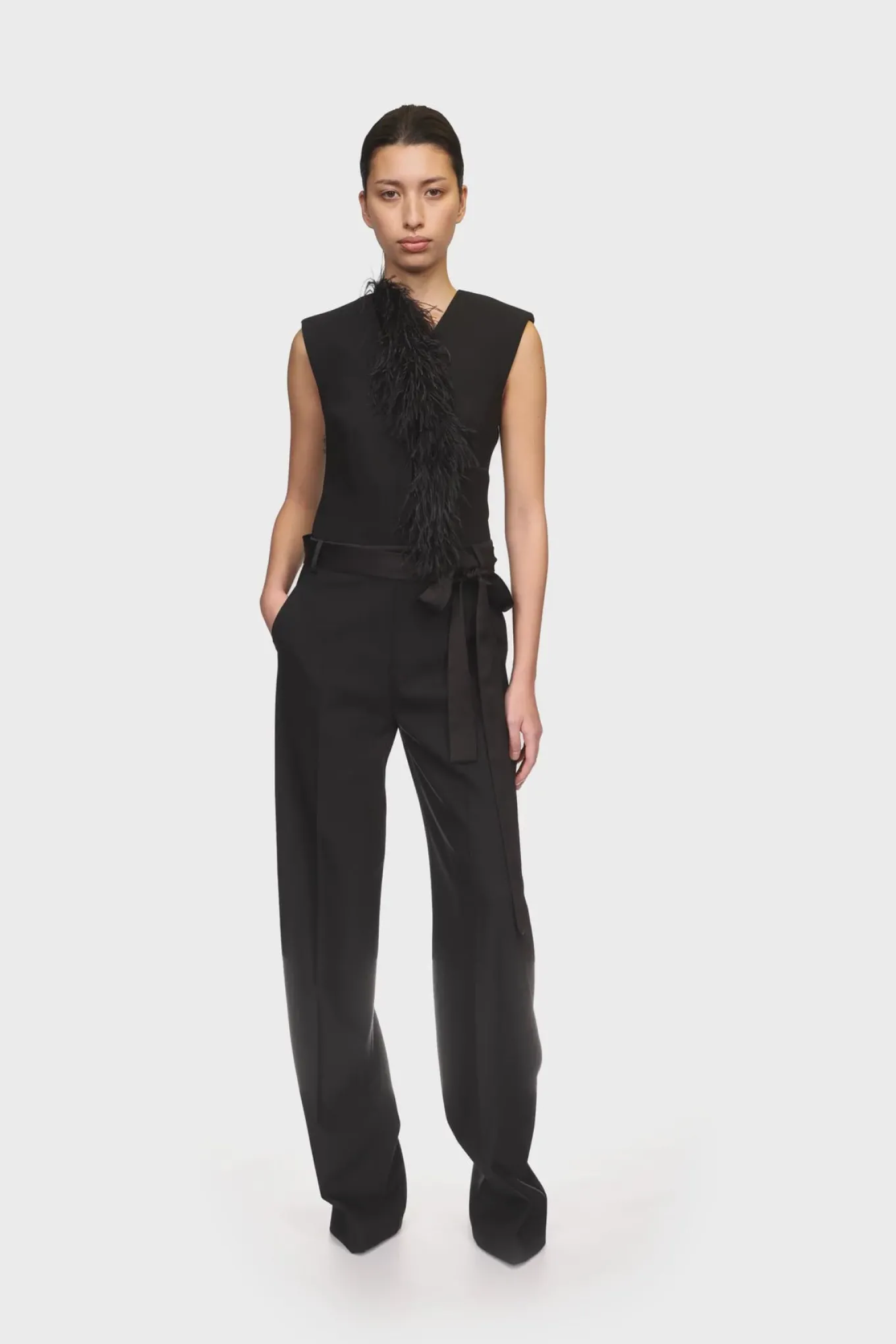 DETACHABLE FEATHER TRIM JUMPSUIT