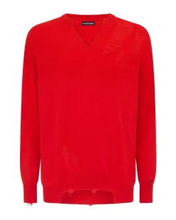 DISTRESSED FINE KNIT JUMPER IN RED