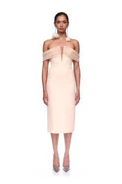 DRAPE OFF THE SHOULDER MIDI DRESS