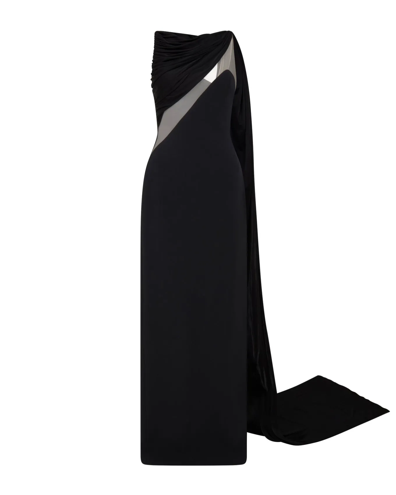 DRAPED JERSEY AND TULLE INSERT GOWN