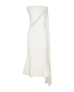 DRAPED JERSEY AND TULLE INSERT MIDI DRESS
