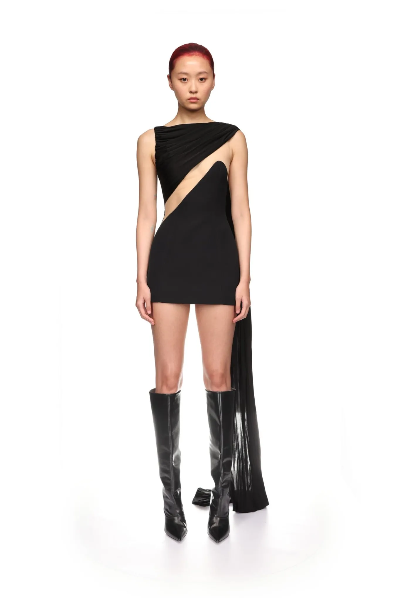 DRAPED JERSEY AND TULLE INSERT MINI DRESS