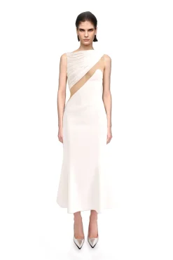 DRAPED JERSEY AND TULLE INSERT MIDI DRESS