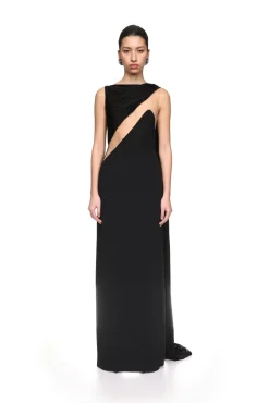 DRAPED JERSEY AND TULLE INSERT GOWN