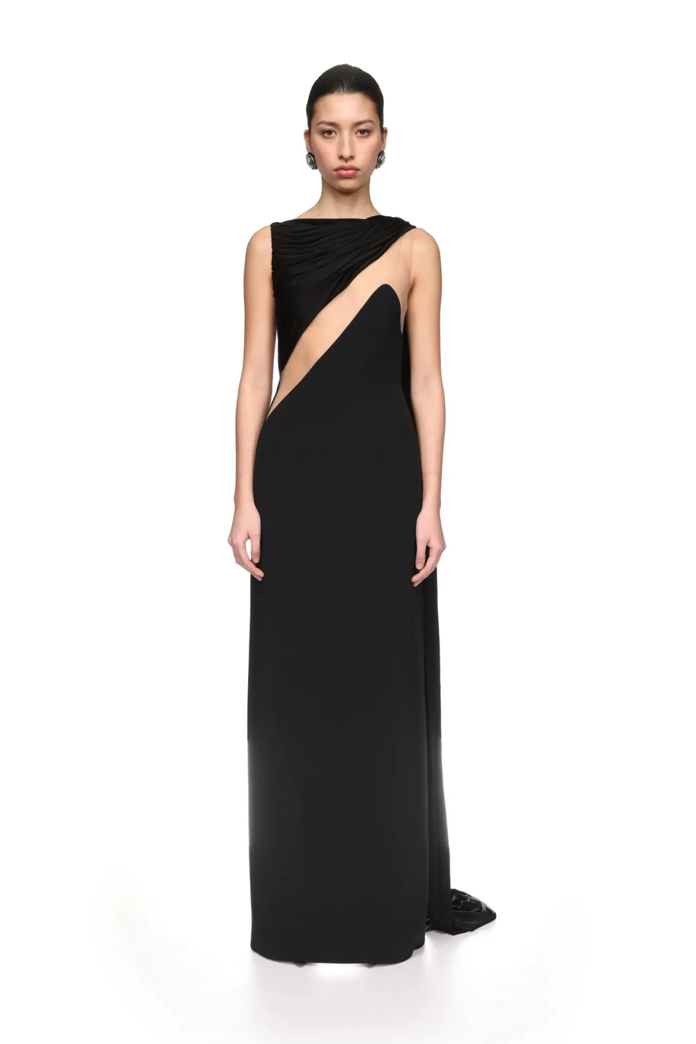 DRAPED JERSEY AND TULLE INSERT GOWN