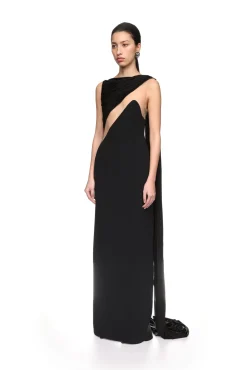 DRAPED JERSEY AND TULLE INSERT GOWN