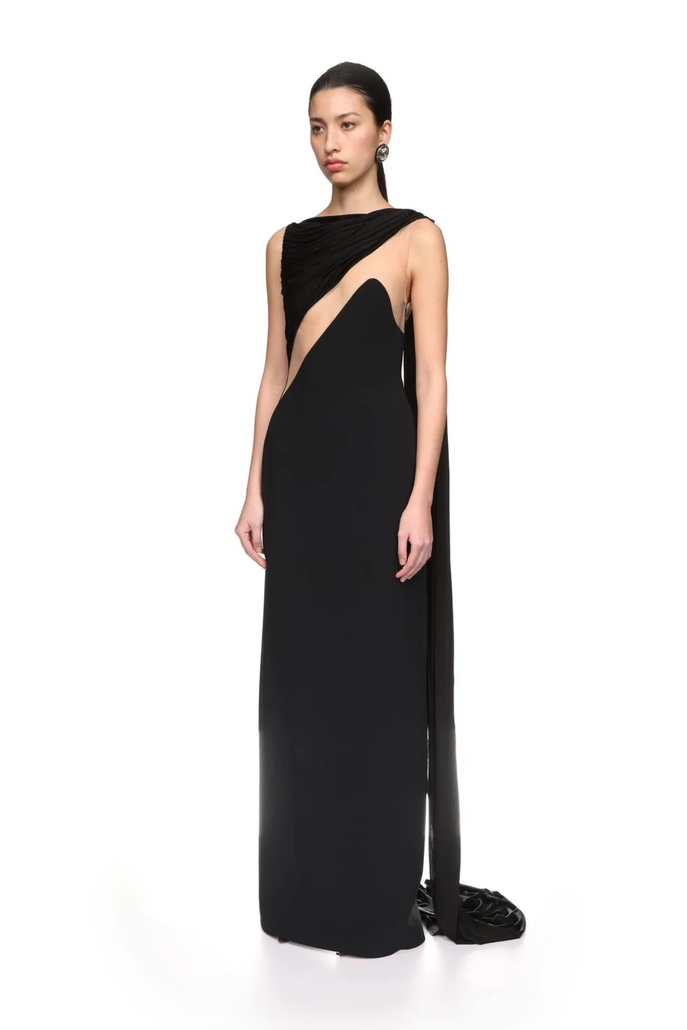 DRAPED JERSEY AND TULLE INSERT GOWN