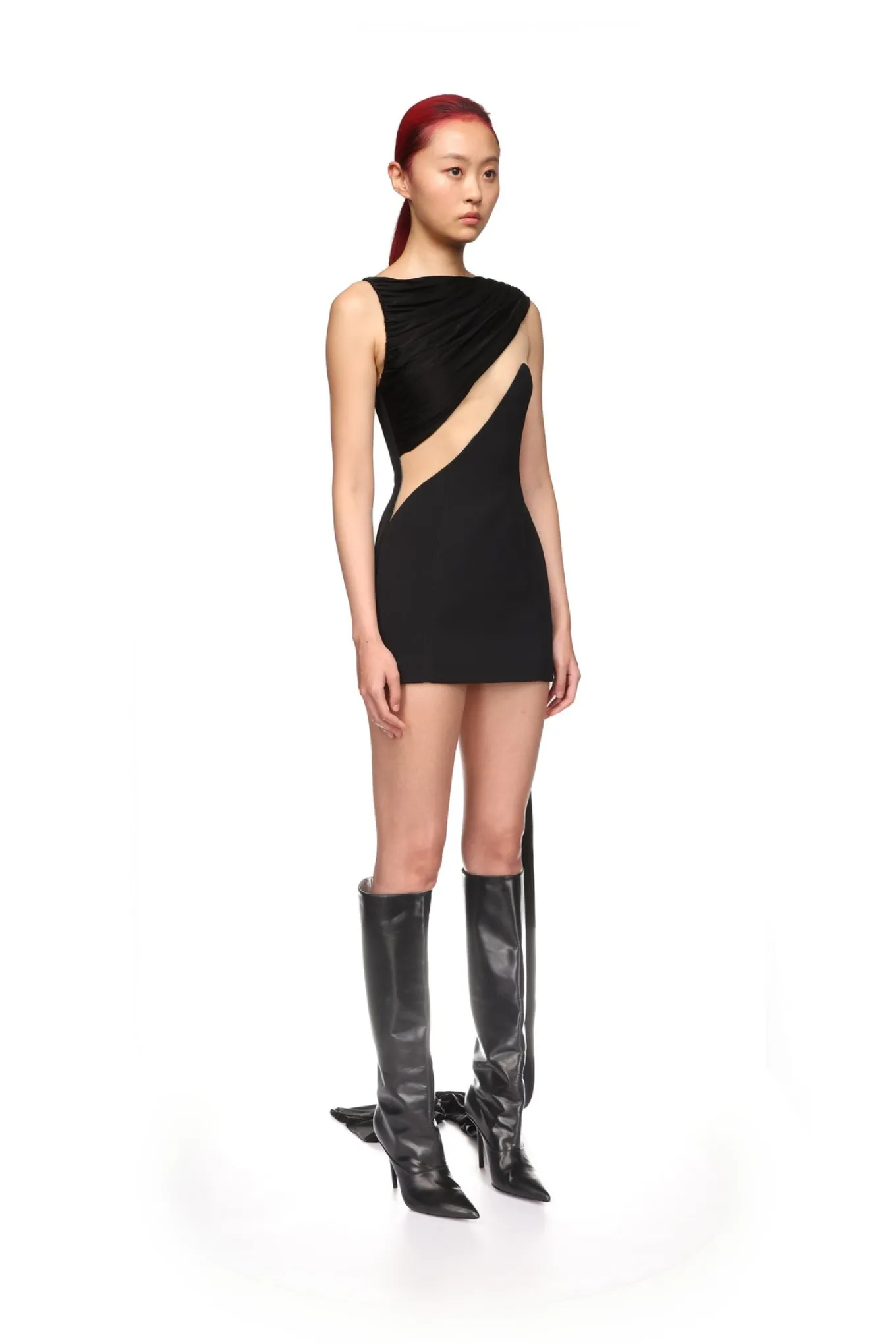 DRAPED JERSEY AND TULLE INSERT MINI DRESS
