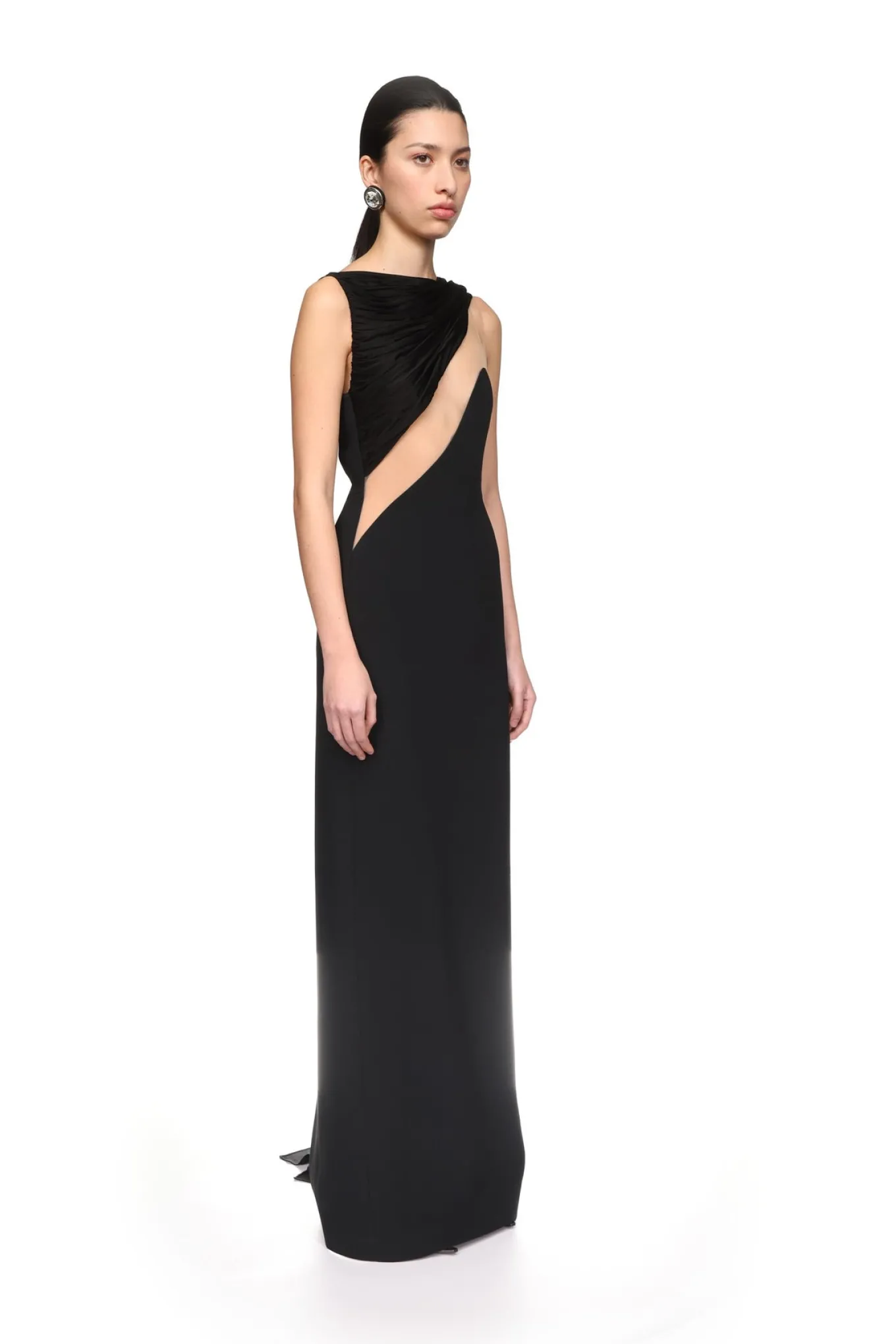 DRAPED JERSEY AND TULLE INSERT GOWN
