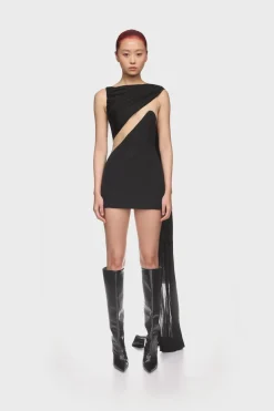 DRAPED JERSEY AND TULLE INSERT MINI DRESS