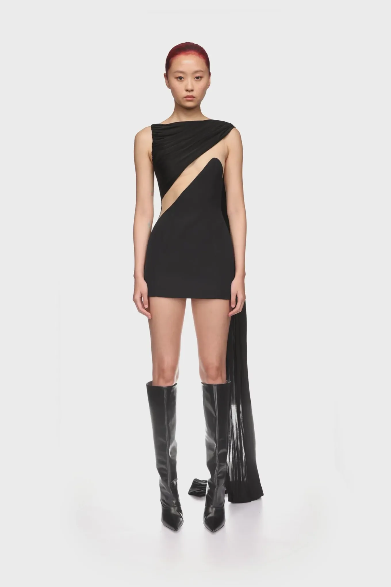 DRAPED JERSEY AND TULLE INSERT MINI DRESS