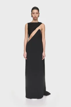 DRAPED JERSEY AND TULLE INSERT GOWN