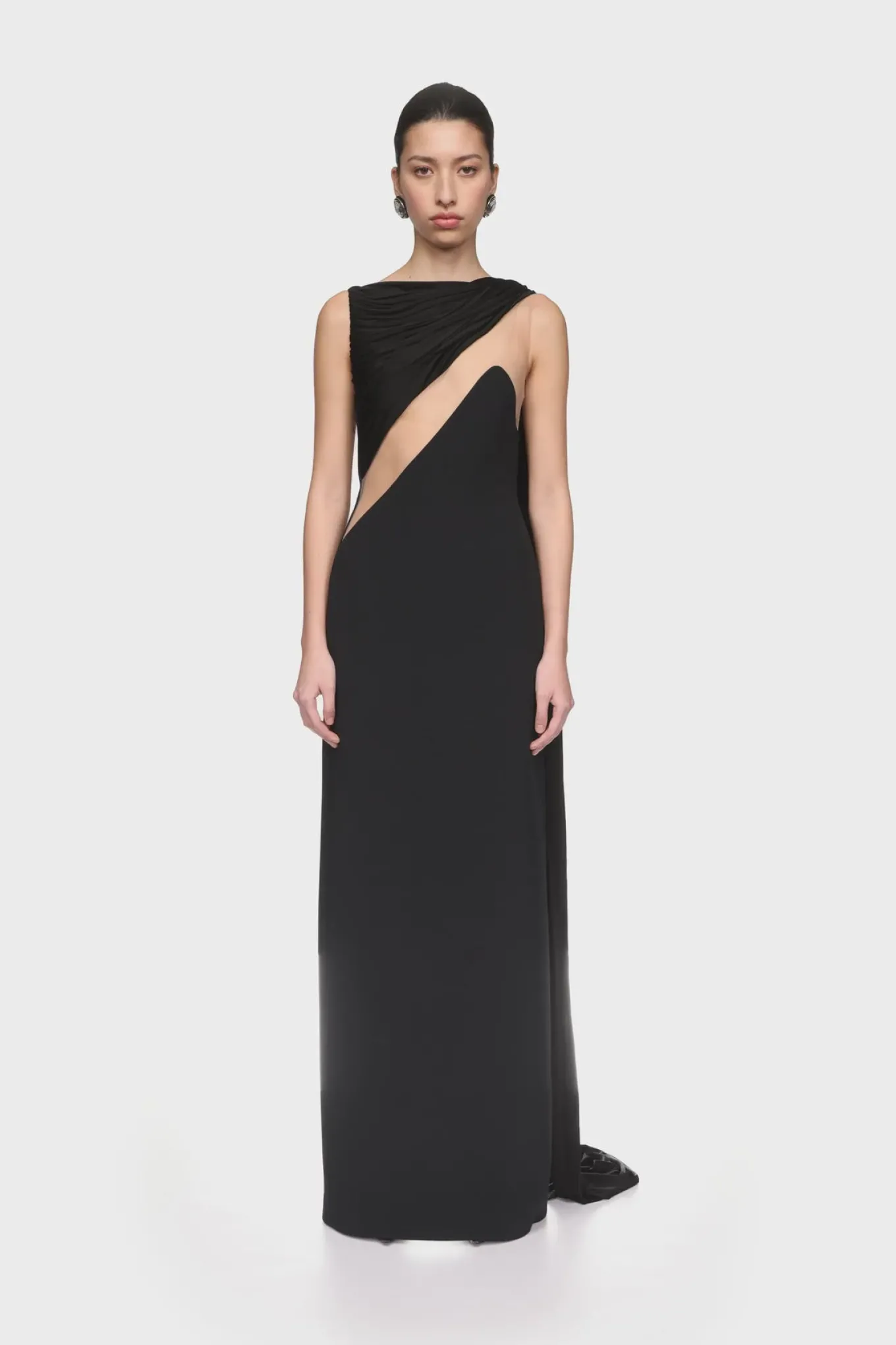DRAPED JERSEY AND TULLE INSERT GOWN