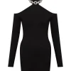 EMBROIDERED CRYSTAL CIRCLE CHAIN NECK MINI DRESS