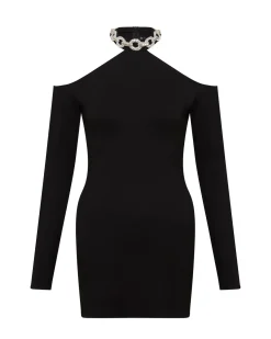 EMBROIDERED CRYSTAL CIRCLE CHAIN NECK MINI DRESS