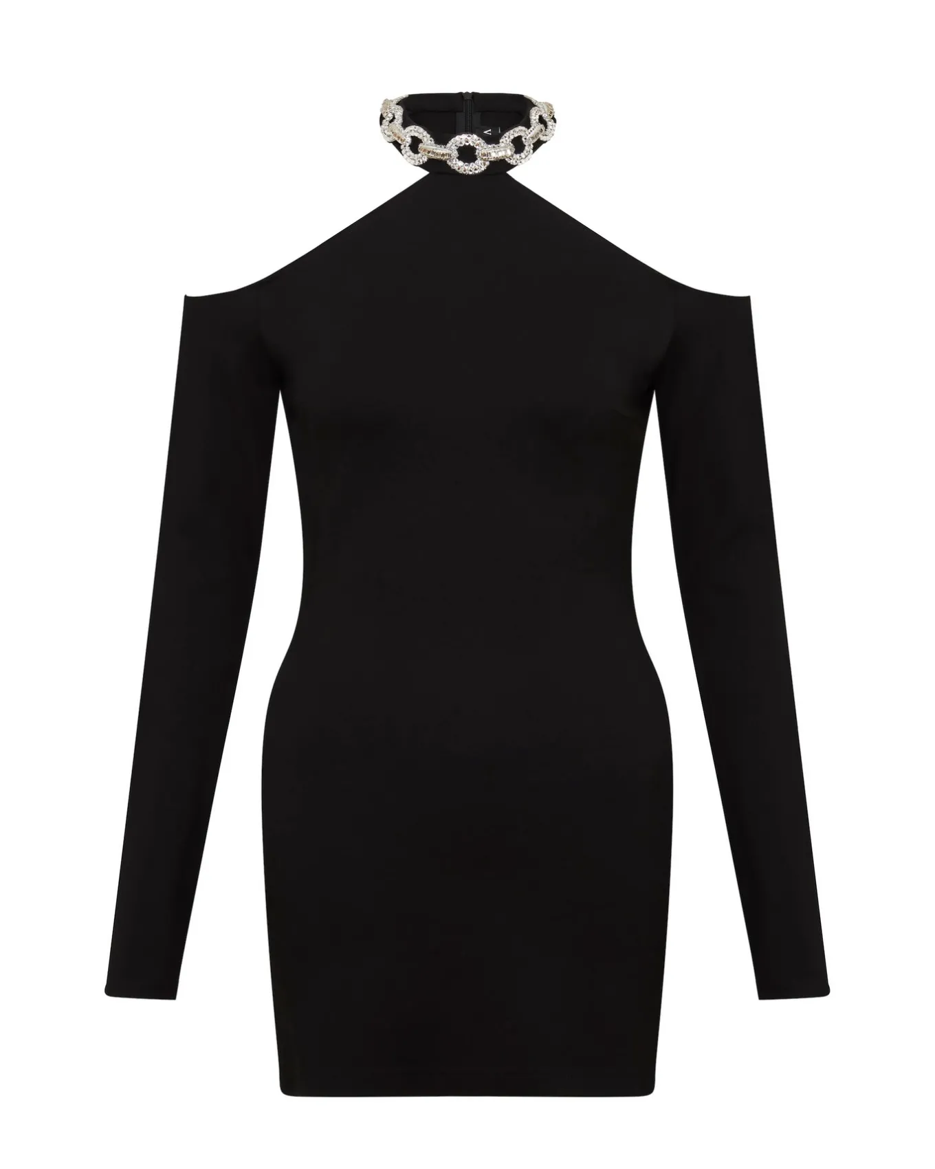 EMBROIDERED CRYSTAL CIRCLE CHAIN NECK MINI DRESS
