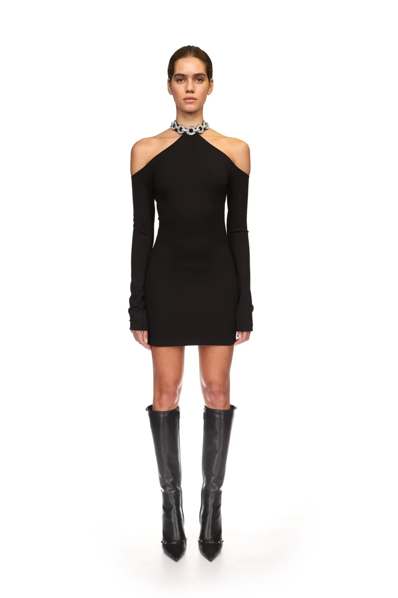 EMBROIDERED CRYSTAL CIRCLE CHAIN NECK MINI DRESS