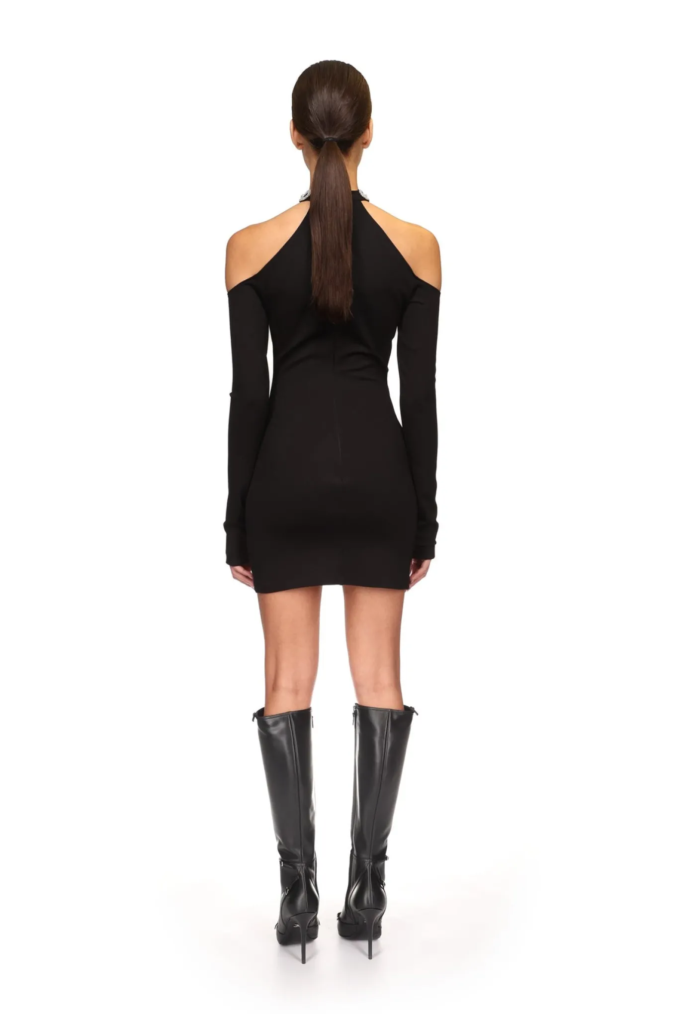 EMBROIDERED CRYSTAL CIRCLE CHAIN NECK MINI DRESS