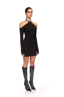 EMBROIDERED CRYSTAL CIRCLE CHAIN NECK MINI DRESS