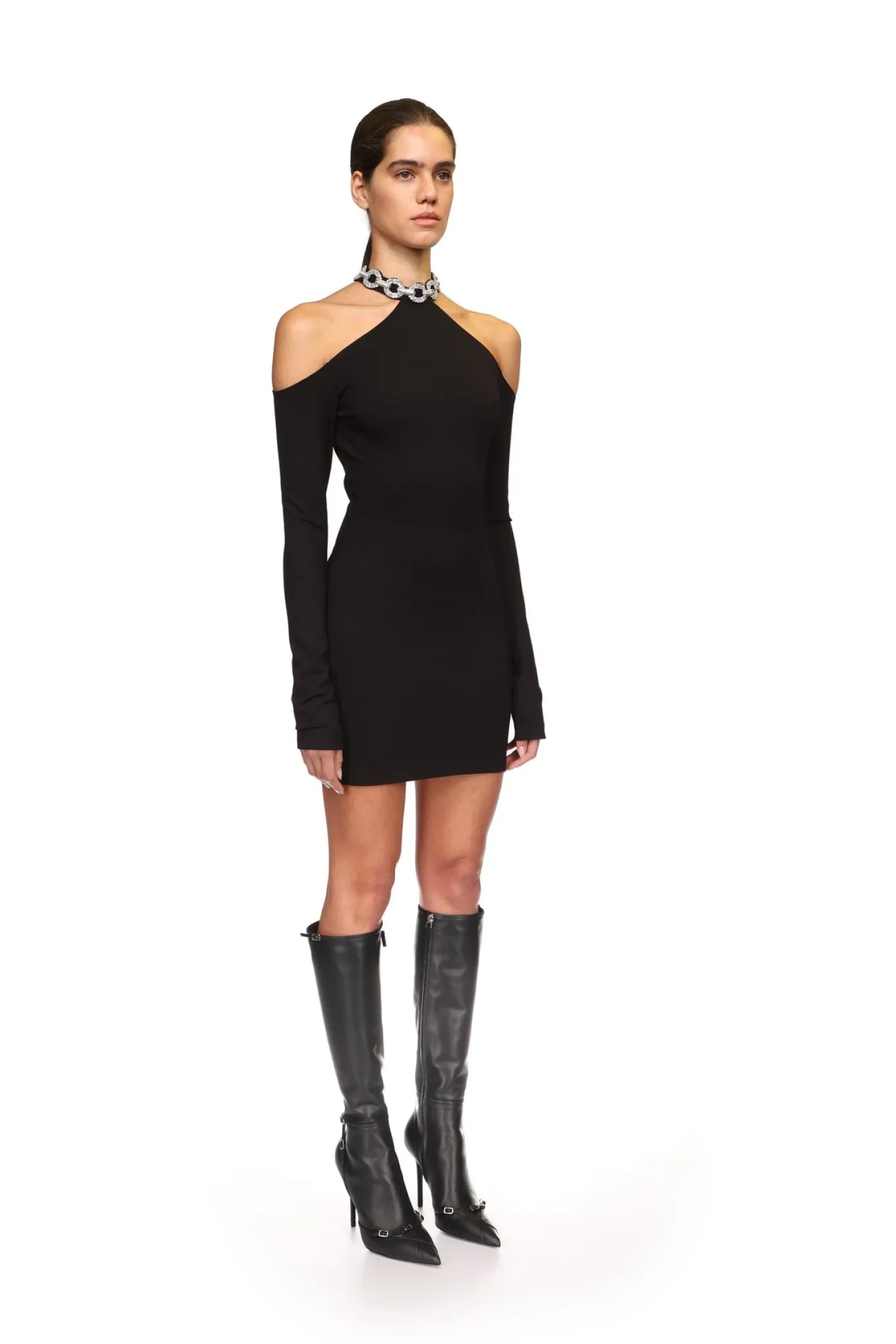EMBROIDERED CRYSTAL CIRCLE CHAIN NECK MINI DRESS
