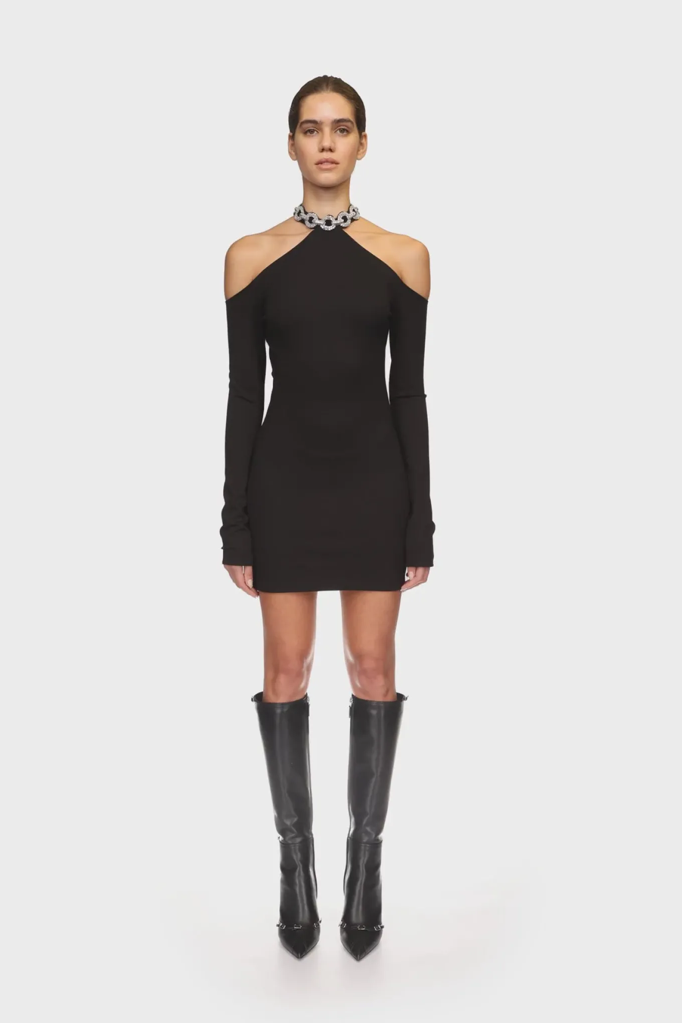 EMBROIDERED CRYSTAL CIRCLE CHAIN NECK MINI DRESS