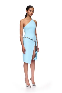 FEATHER FLOWERS AND CHAIN ONE-SHOULDER DRESS