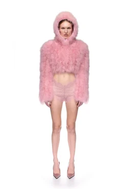 FEATHER FRONT CROP JACKET WITH HOOD
