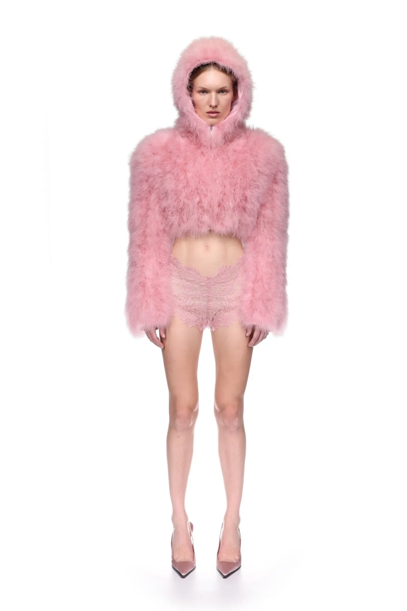 FEATHER FRONT CROP JACKET WITH HOOD