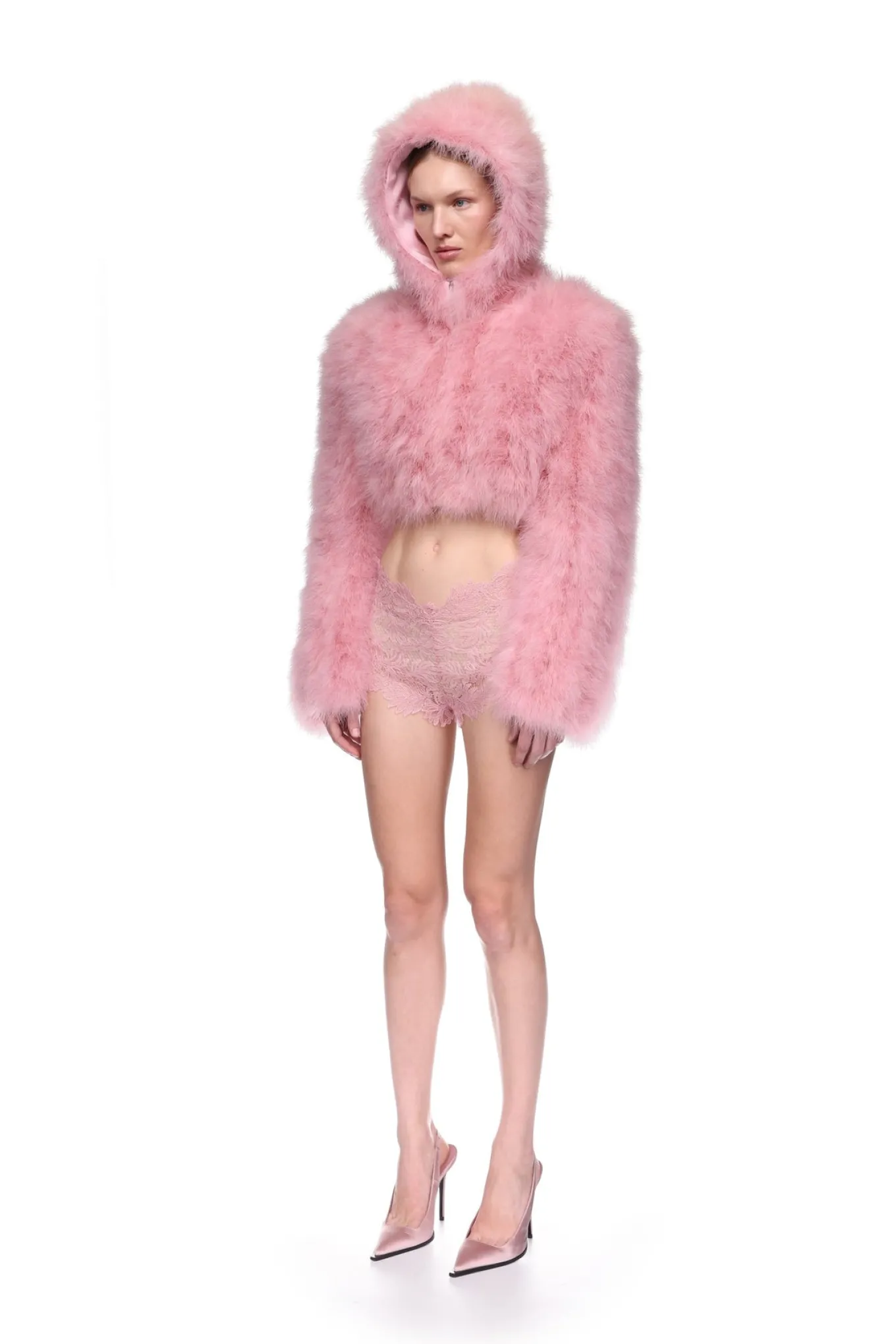 FEATHER FRONT CROP JACKET WITH HOOD