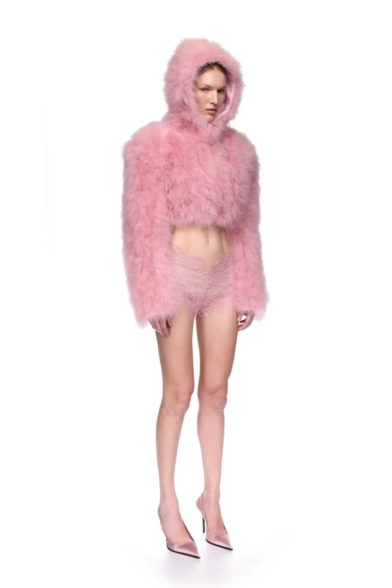 FEATHER FRONT CROP JACKET WITH HOOD
