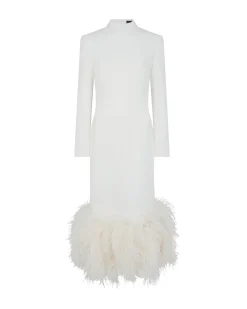 FEATHER HEM LONG SLEEVE MIDI DRESS