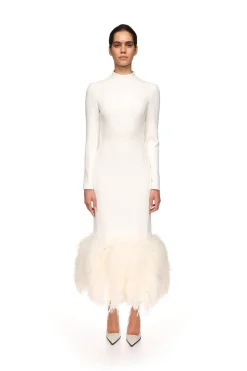 FEATHER HEM LONG SLEEVE MIDI DRESS