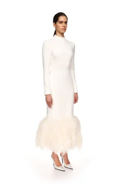 FEATHER HEM LONG SLEEVE MIDI DRESS