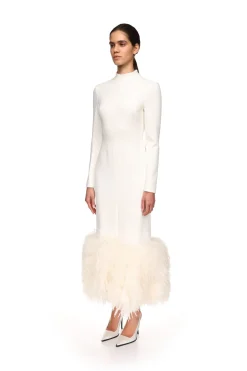 FEATHER HEM LONG SLEEVE MIDI DRESS