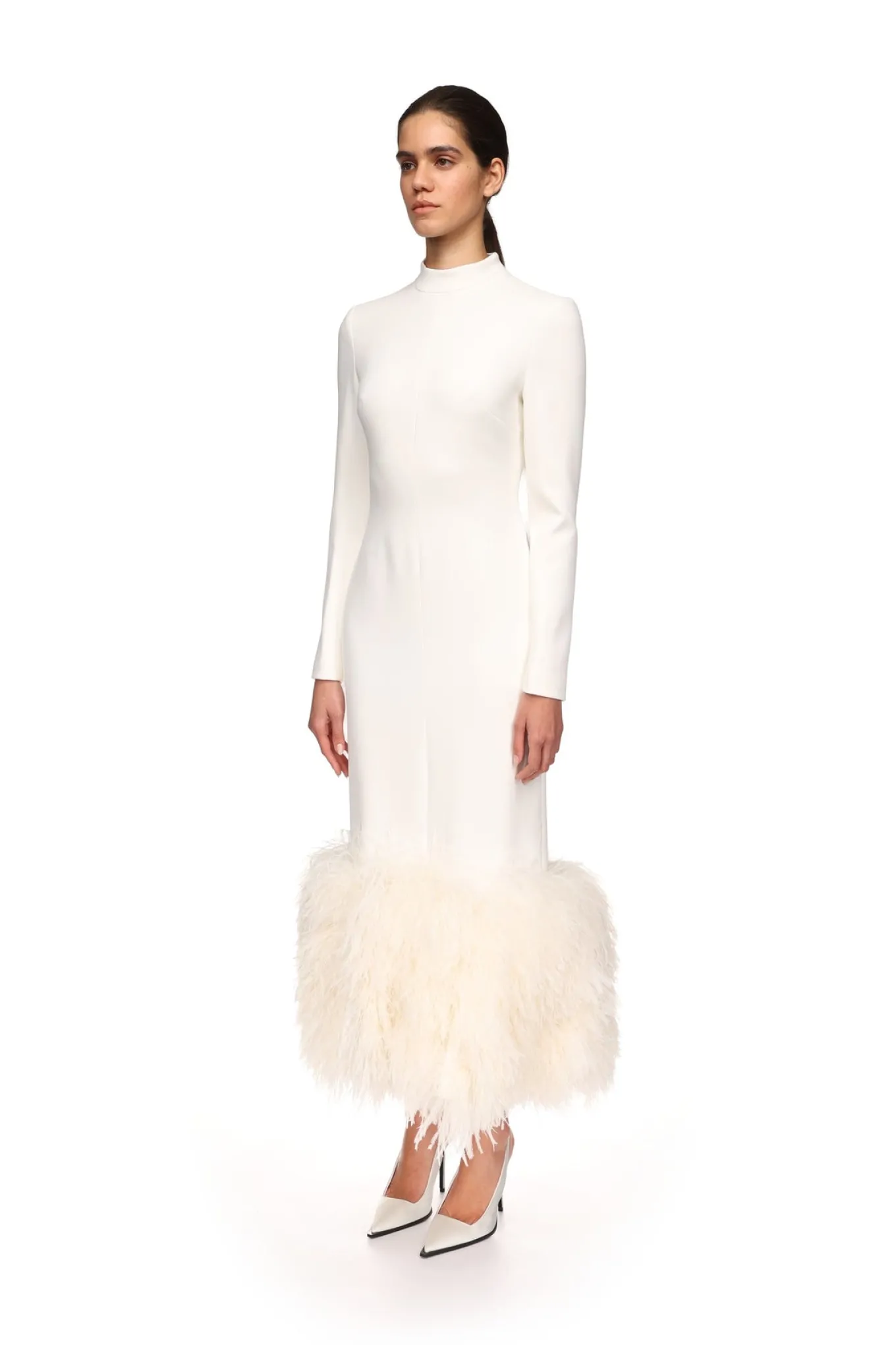 FEATHER HEM LONG SLEEVE MIDI DRESS