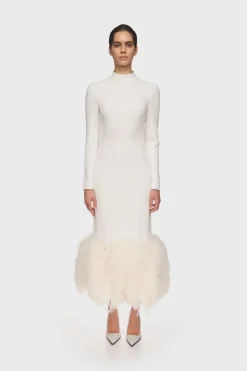 FEATHER HEM LONG SLEEVE MIDI DRESS