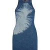 FEATHER PRINT MINI DENIM DRESS