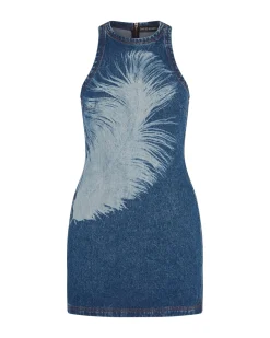 FEATHER PRINT MINI DENIM DRESS