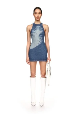 FEATHER PRINT MINI DENIM DRESS