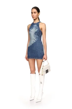 FEATHER PRINT MINI DENIM DRESS
