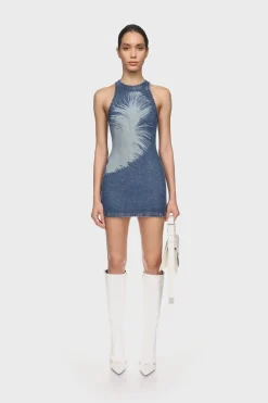 FEATHER PRINT MINI DENIM DRESS