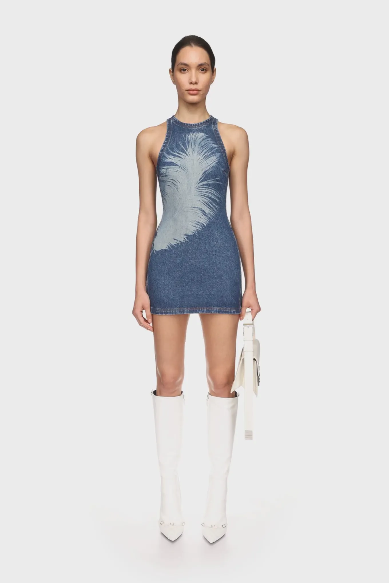 FEATHER PRINT MINI DENIM DRESS