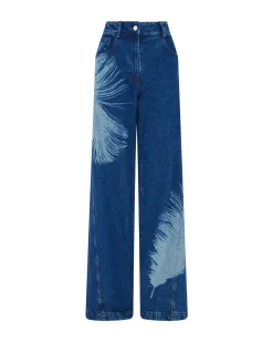 FEATHER PRINT WIDE LEG DENIM TROUSERS