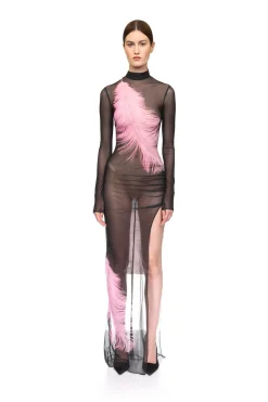 FEATHER PRINTED MESH GOWN