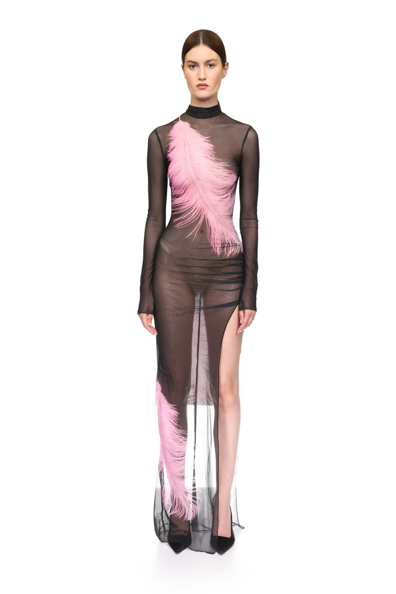 FEATHER PRINTED MESH GOWN