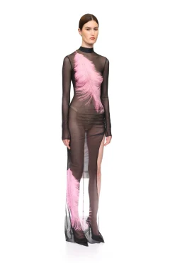 FEATHER PRINTED MESH GOWN
