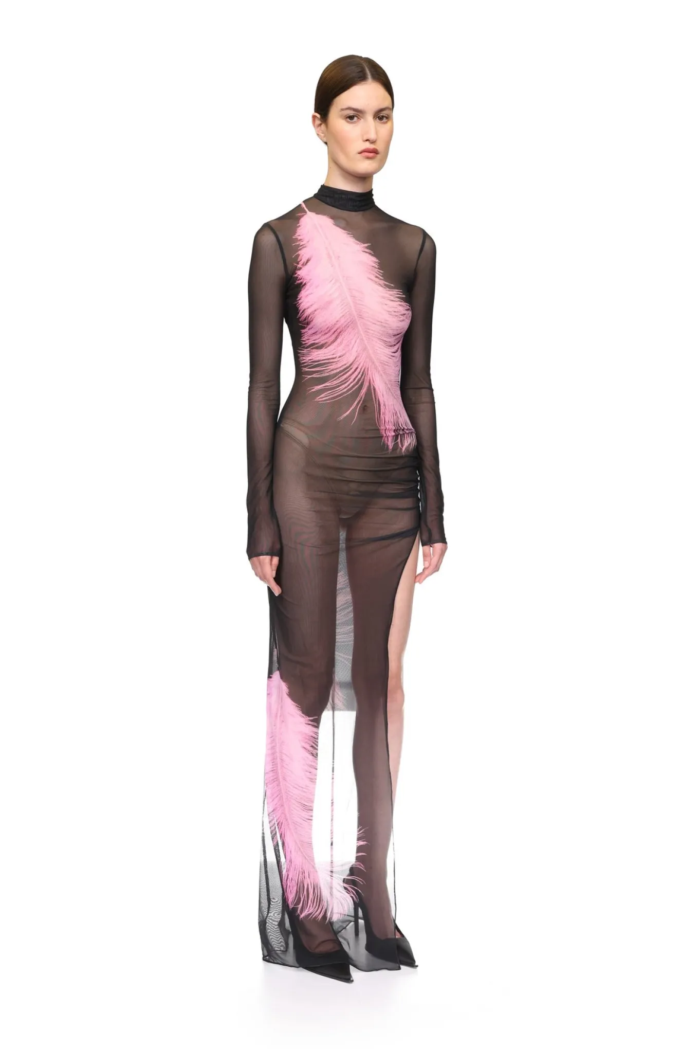 FEATHER PRINTED MESH GOWN