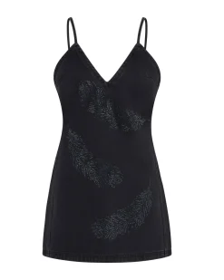 FEATHER RHINESTONE DENIM MINI DRESS