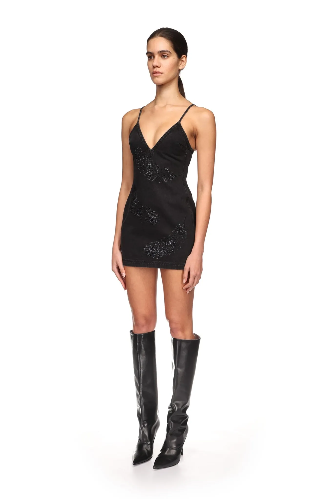 FEATHER RHINESTONE DENIM MINI DRESS