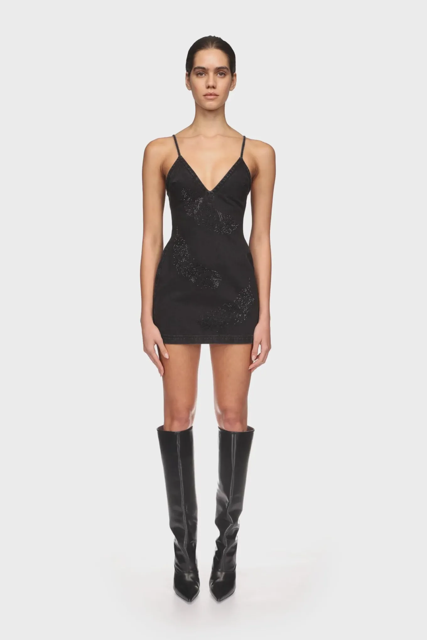 FEATHER RHINESTONE DENIM MINI DRESS